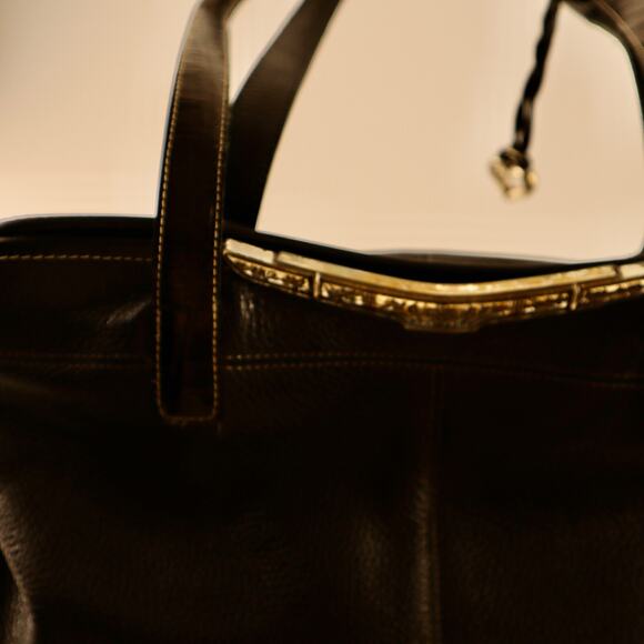 Brighton Black Leather Satchel – Style 368016 | Pebbled + Croc Trim | Zip Top To - Picture 4 of 10